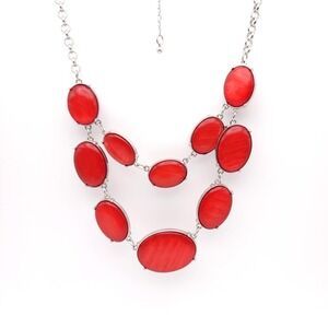 Charming Charlie Silver Tone Necklace Red Oval Cabochon Bib
